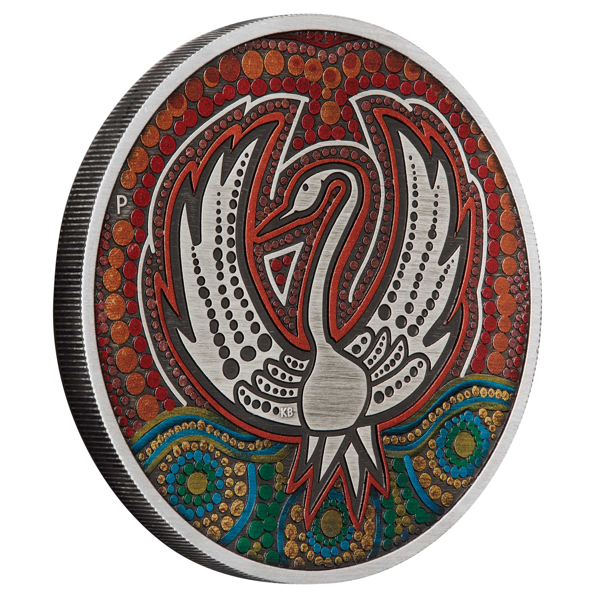 01 2022 Australian Indigenous 2oz Silver Coloured Antiqued Coin OnEdge HighRes